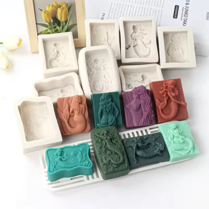 Candle Supplies Wholesale - แม่พิมพ์เทียนรูปนางเงือก 3 มิติ สไตล์มหาสมุทร แบบสี่เหลี่ยม แม่พิมพ์ซิลิโคนทำสบู่นางเงือกแบบนูน